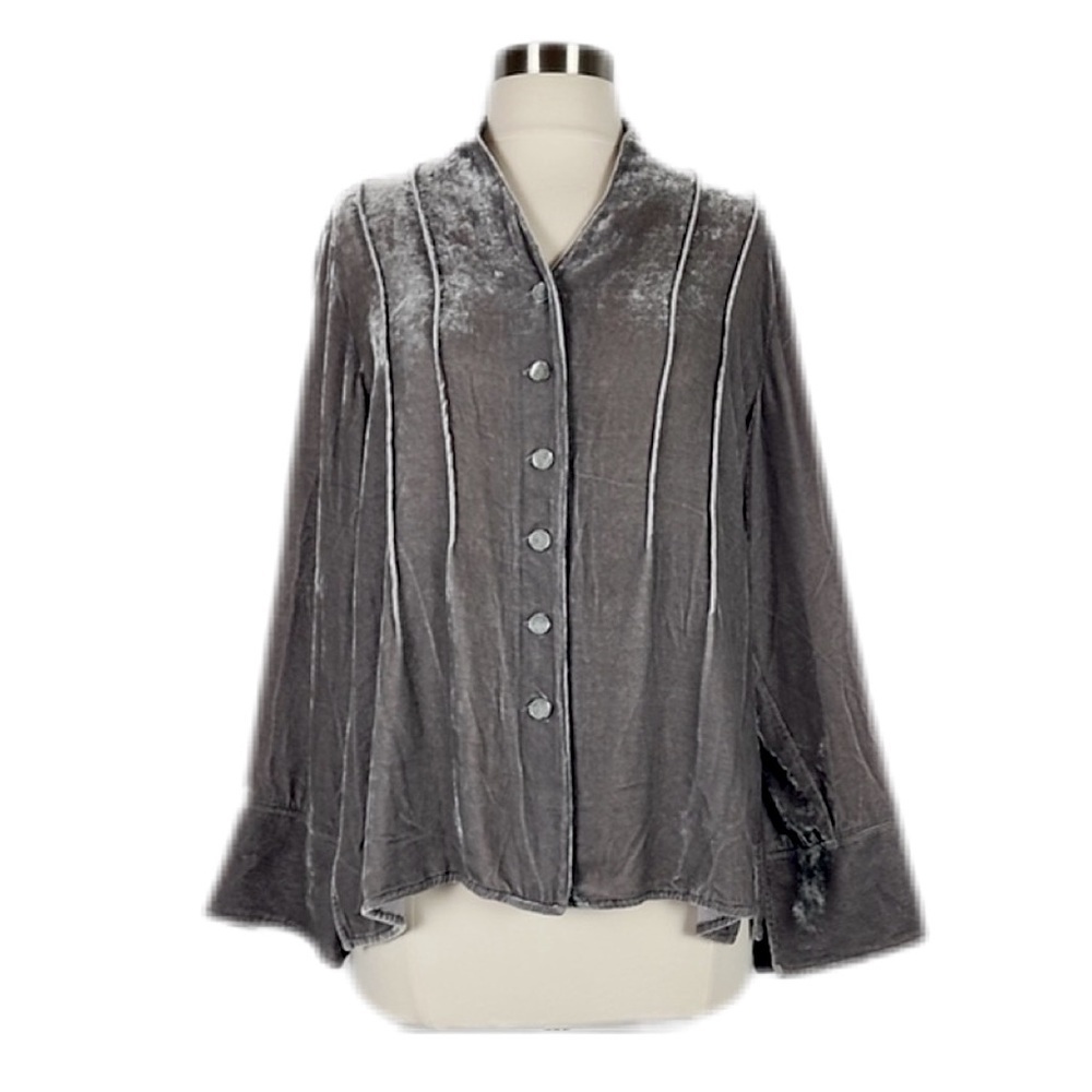 Vintage J. Jill Gray Velvet Silk Blend Pintuck Lagenlook Button Up Coatigan L